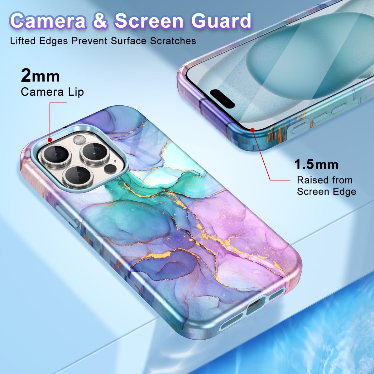 Btscase Funda para iPhone 15 Pro de 6.1 pulgadas (2023), patrón de mármol 3 en 1, resistente a prueba de golpes, cuerpo completo, policarbonato