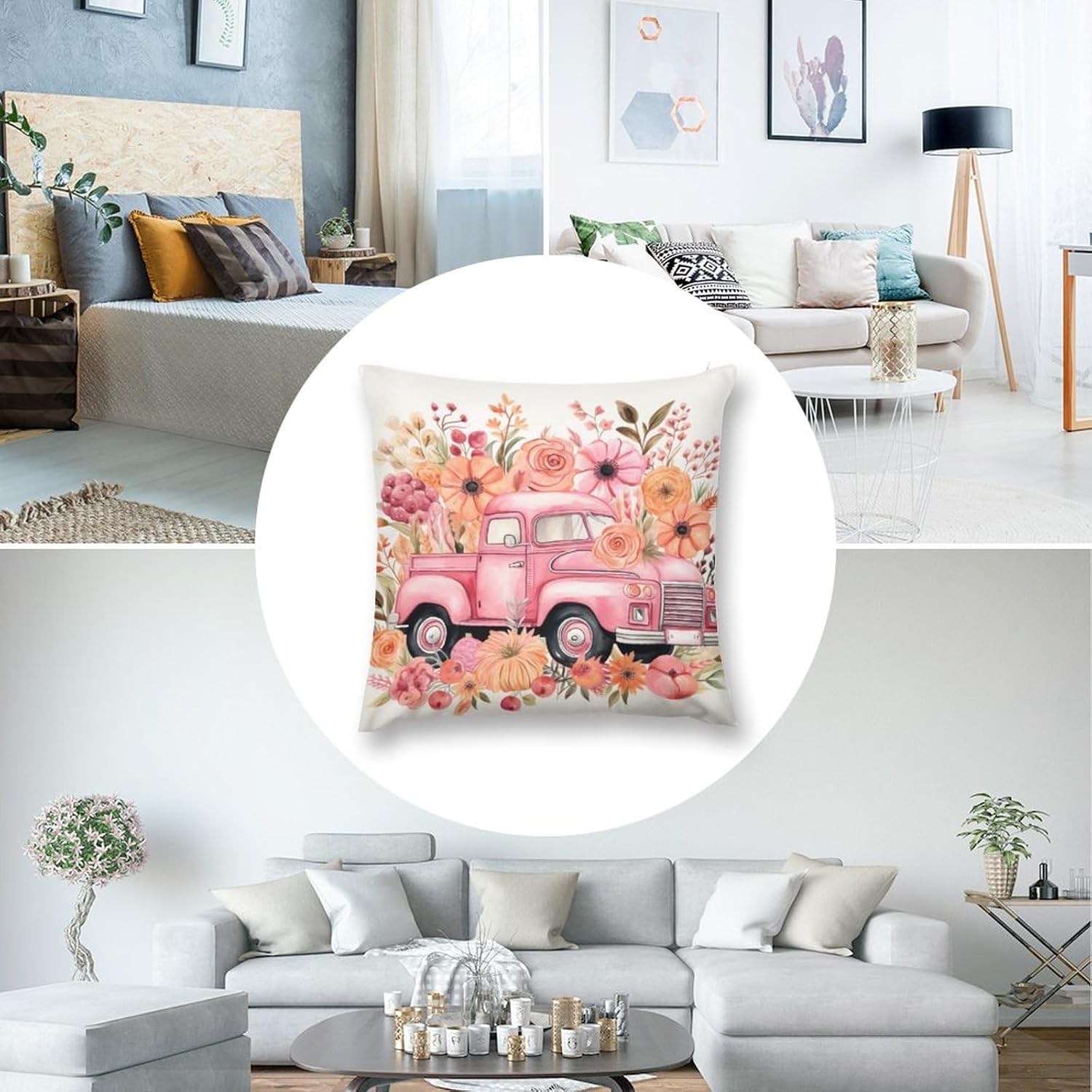 Fundas de almohada de 20 x 20 pulgadas, diseño de acuarela rosa con estampado de flores de calabaza y camión rosa, suave, estampado de doble cara,