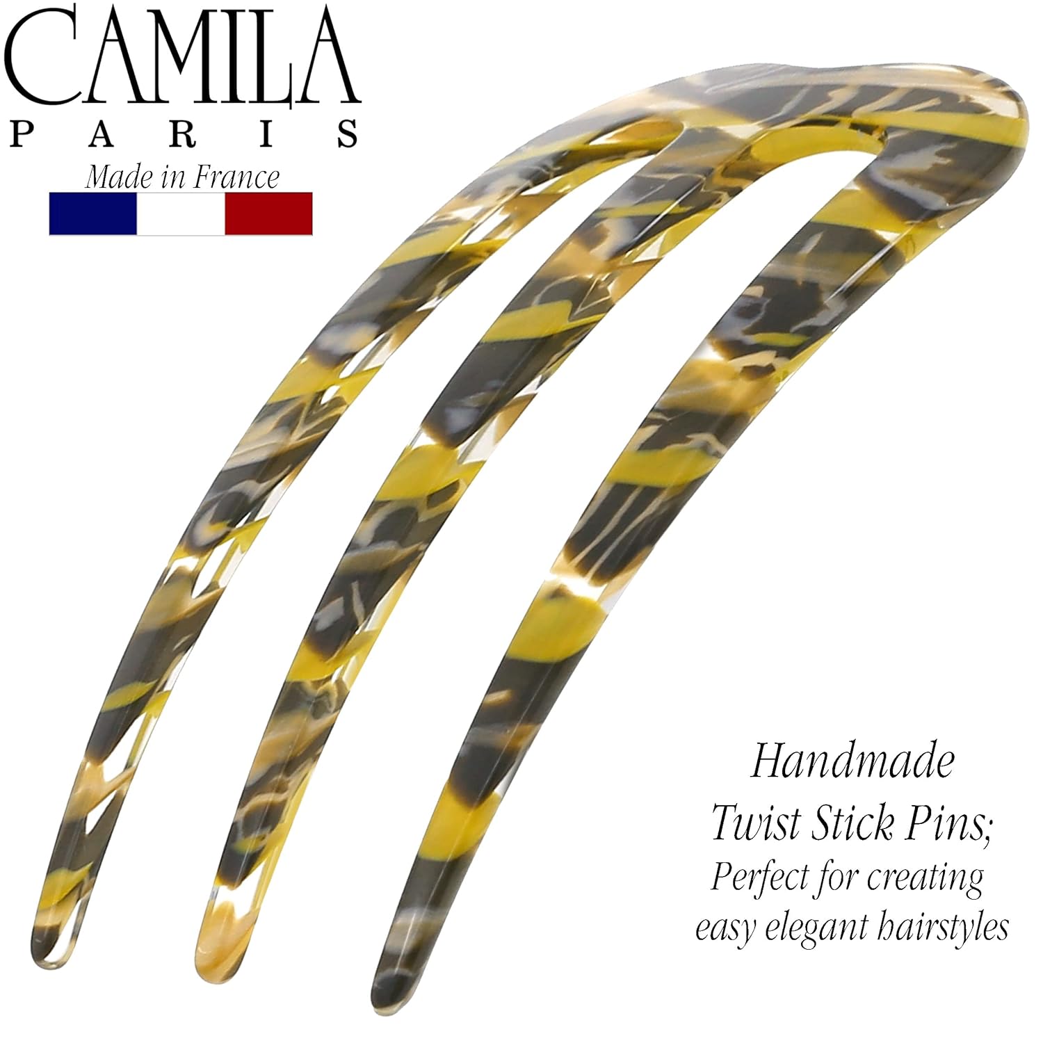 Camila Paris CP3167 – Pinzas de clip para palillo francés, color mostaza, ondulado, 3 puntas, tenedor de pelo para niñas, soporte para moño,