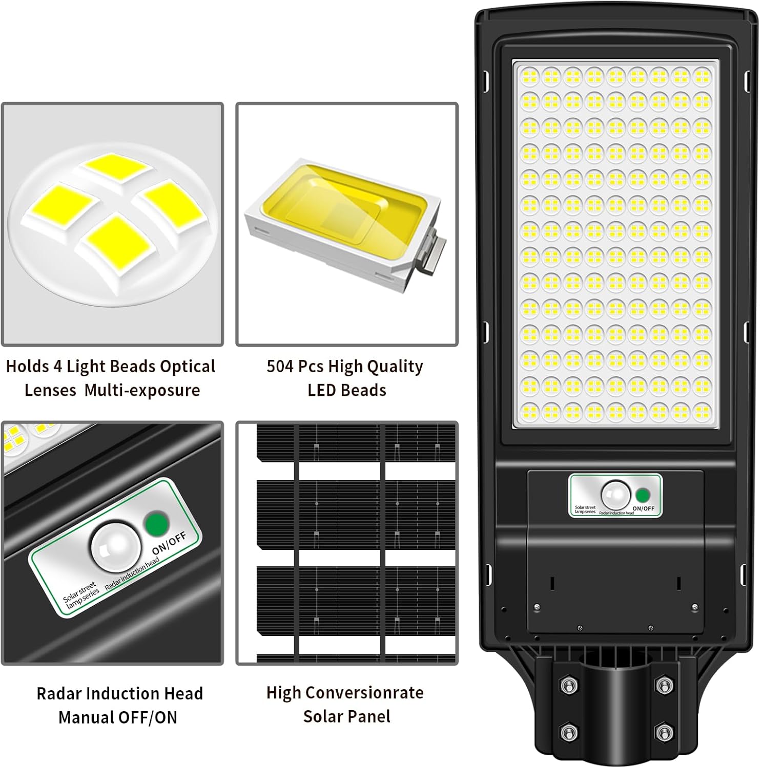TOPPOW Luz solar de calle de 600 W, impermeable, 504 luces LED solares para exteriores con control remoto del atardecer al amanecer, luces solares