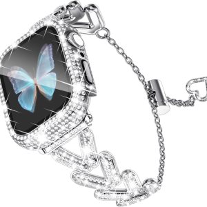 WINGLE Correas plateadas para Apple Watch de 1.614 in para mujer, iWatch Series 8 7, correa de metal de acero inoxidable de lujo, pulsera de WINGLE Correas plateadas para Apple Watch de 1.614 in para mujer, iWatch Series 8 7, correa de metal de acero inoxidable de lujo, pulsera de