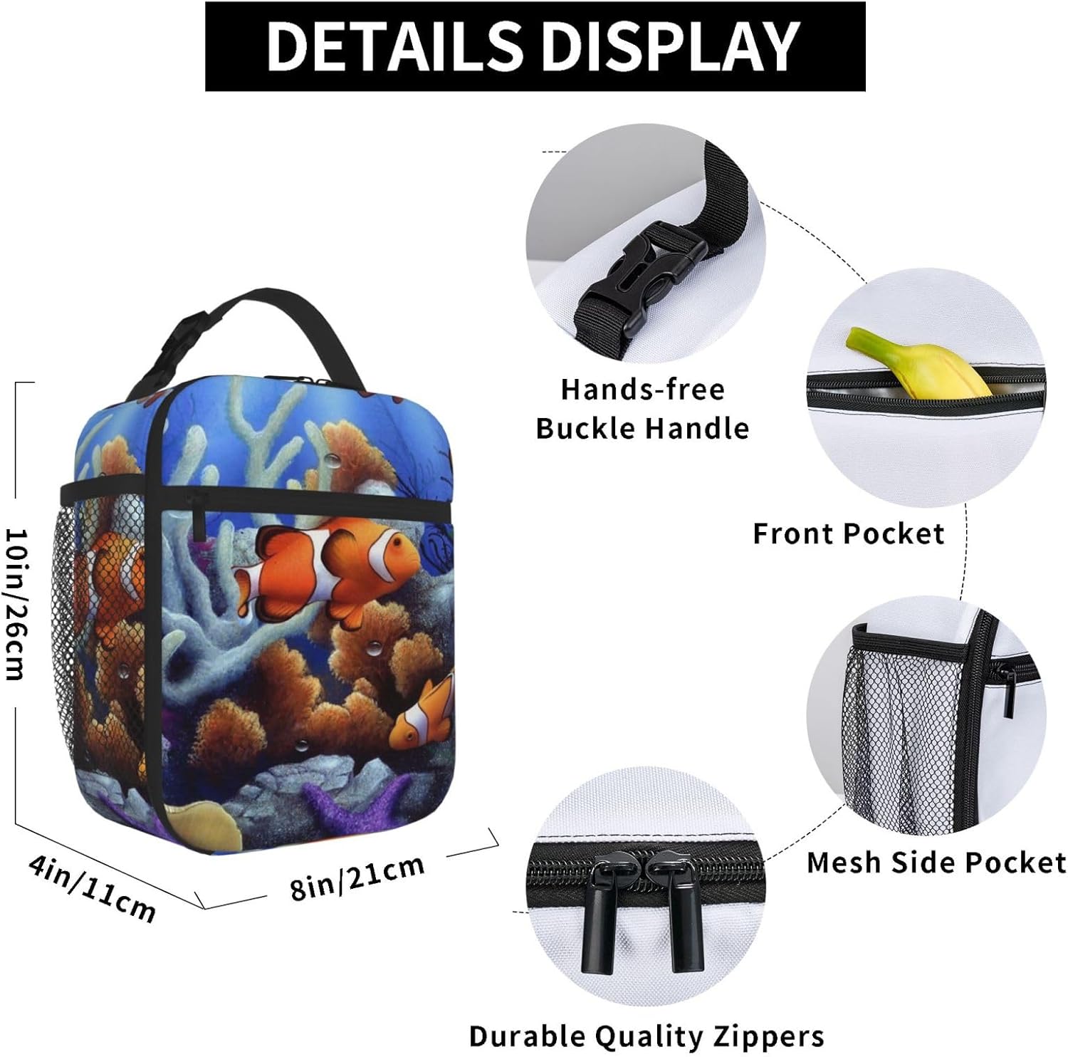 Lonchera con bolsillo lateral, bolsa suave aislada con diseño de peces payaso de dibujos animados, bolsa de almuerzo térmica para picnic de trabajo