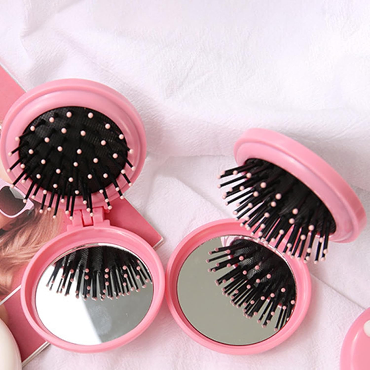 Cepillo de pelo de viaje, peine de bolsillo con mini espejo, cepillos de pelo plegables compactos, redondos, mini peine de masaje compacto para