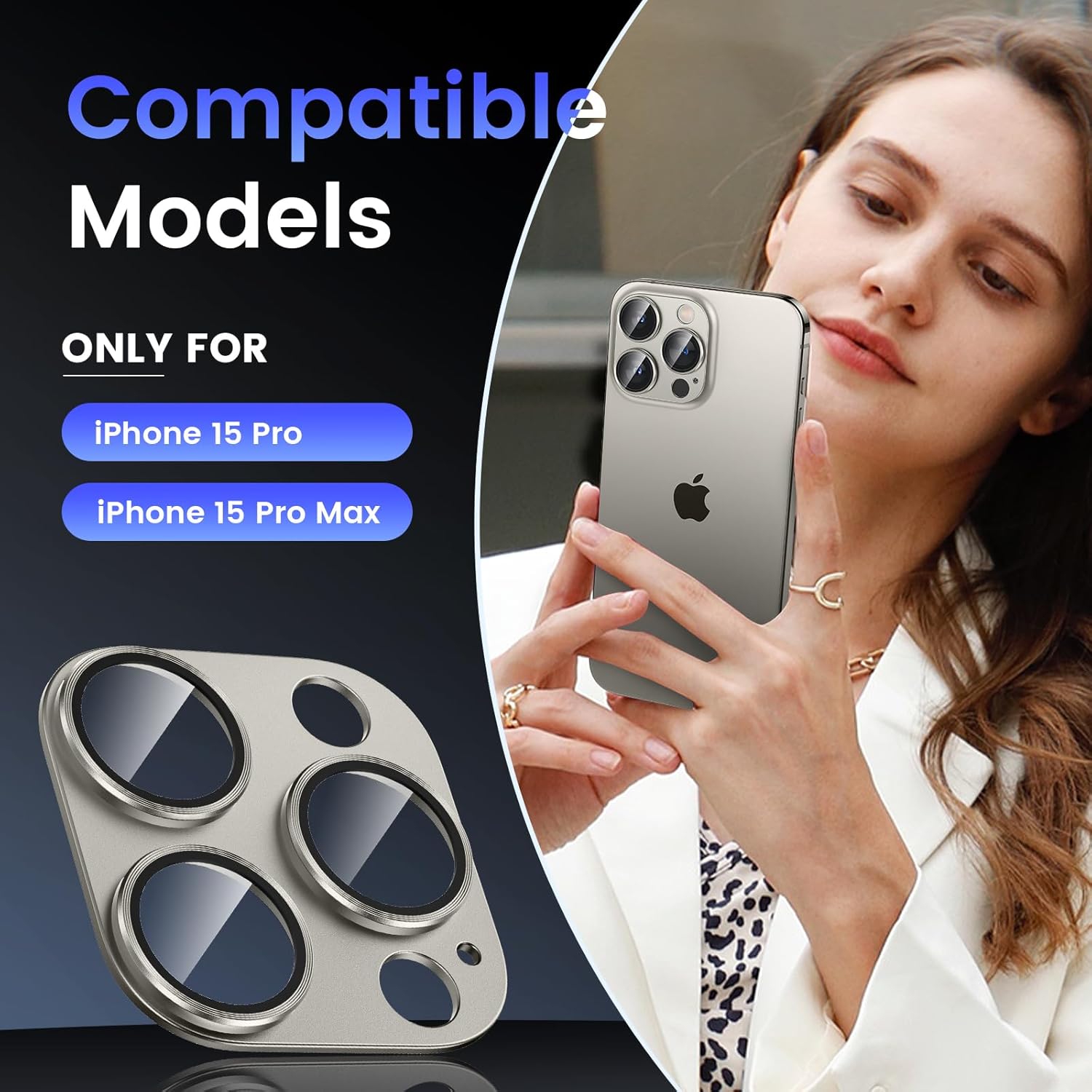 Tensea Protector de lente de cámara para iPhone 15 ProiPhone 15 Pro Max, cubierta de vidrio templado de aleación de aluminio de metal, accesorios