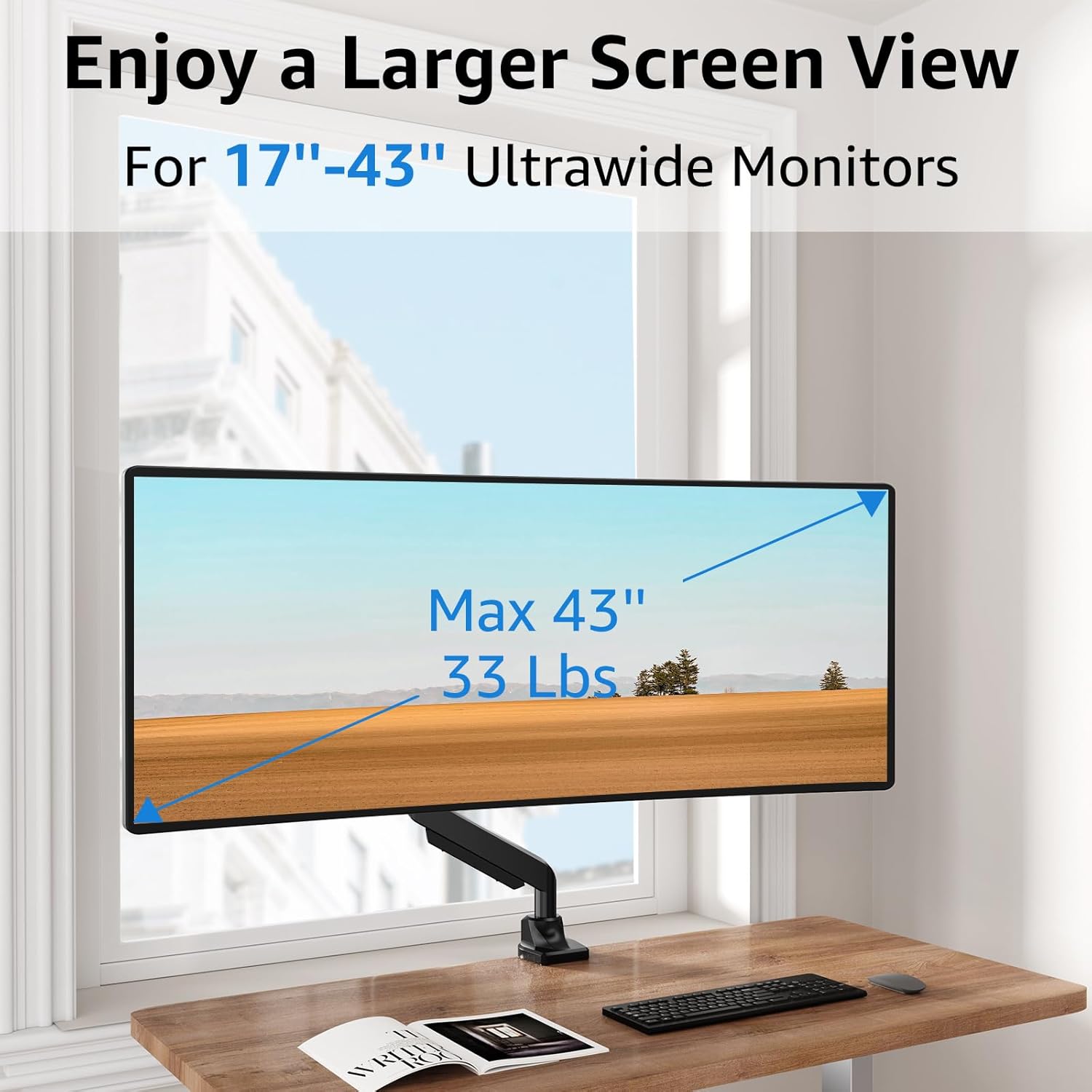 MOUNTUP Soporte de monitor único para pantalla ultraancha de 17 a 43 pulgadas, soporta 6.6-33 libras, soporte de escritorio para brazo de monitor de