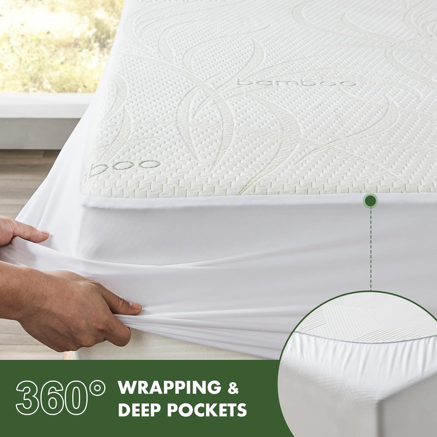 Protector de colchón impermeable tamaño matrimonial, protector de colchón transpirable de rayón de bambú con bolsillos elásticos profundos,