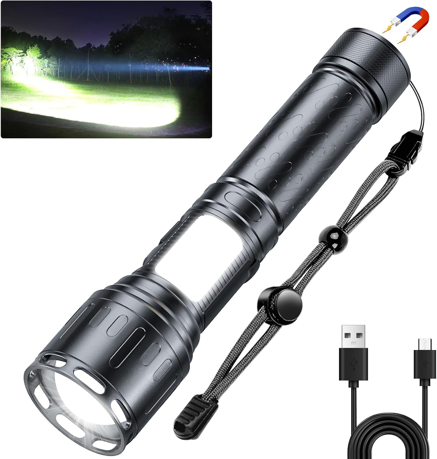 Linterna LED recargable, 30000 lúmenes altos linternas magnéticas con luz lateral de mazorca, 4,921.3 ft de largo alcance, zoom, linterna táctica