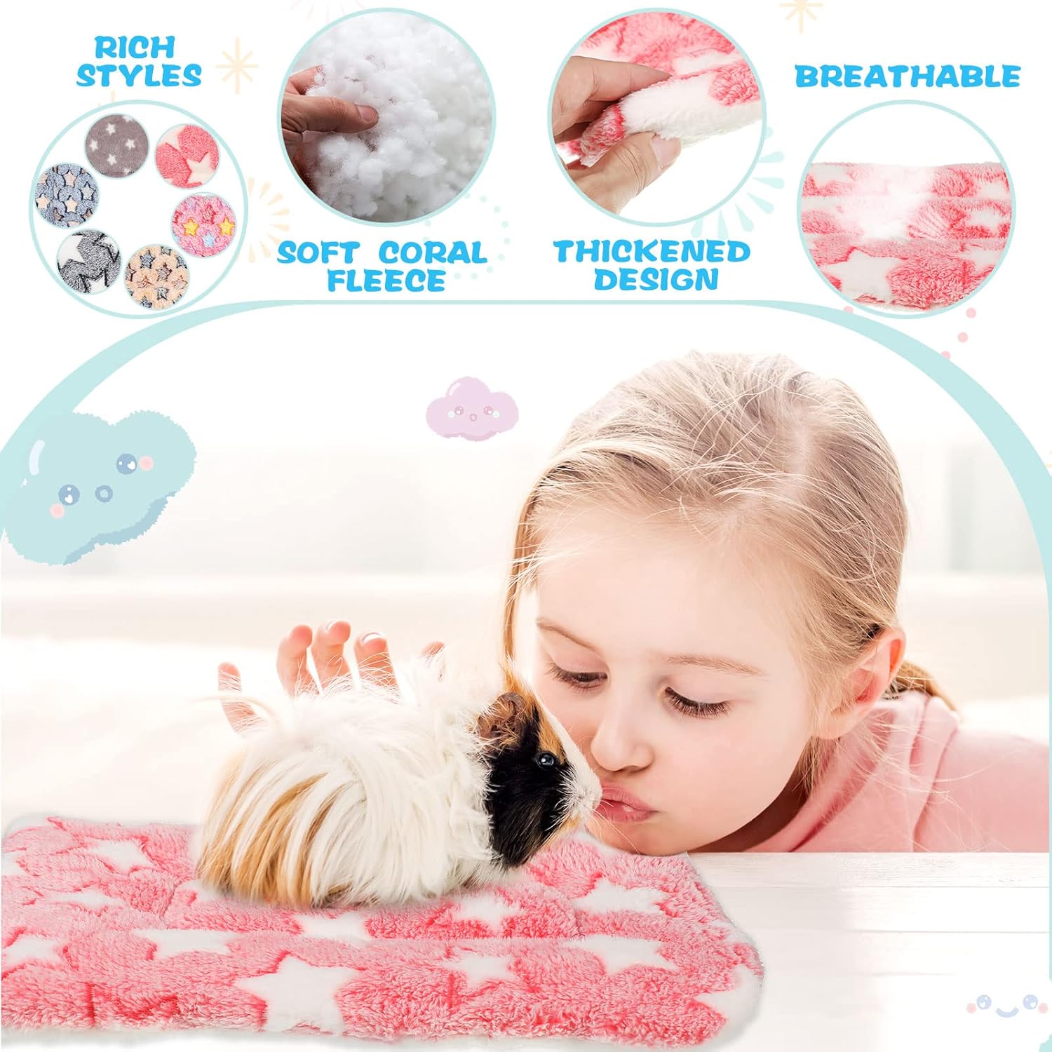 6 piezas de cama de conejillo de indias de felpa para hámster, cama de conejo, almohadillas para dormir con cepillo de limpieza para chinchilla,