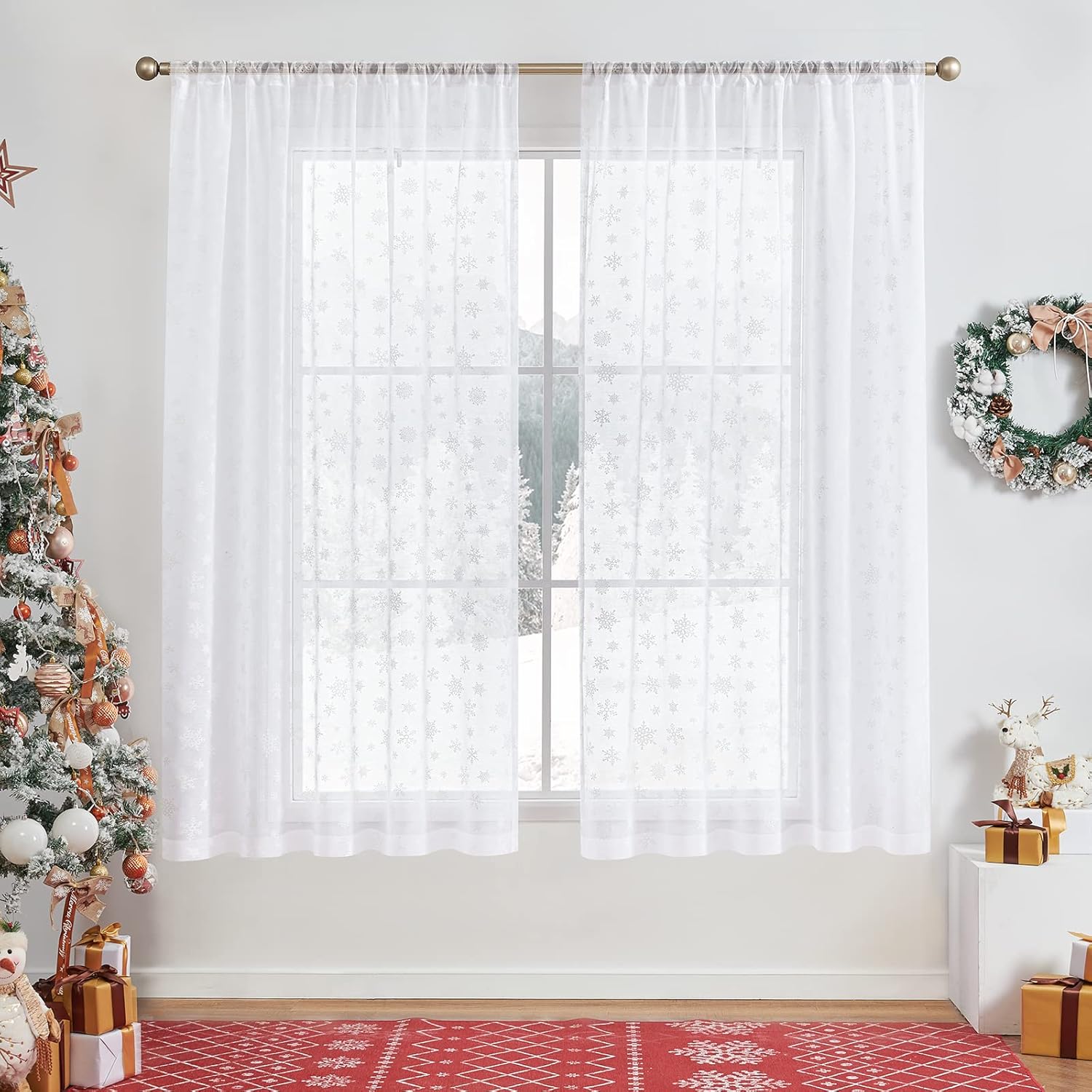 jinchan Cortinas de Navidad transparentes blancas con diseño de copo de nieve de 54 pulgadas de largo para dormitorio, cortinas de nieve con