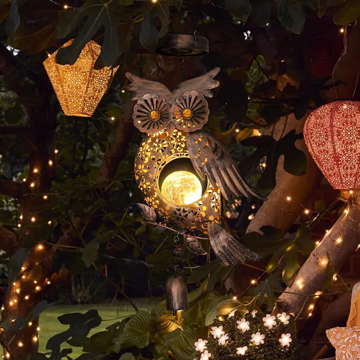 Campanillas de viento solares para exteriores, búho, mamá, esposa, linternas colgantes, decoraciones de Navidad, luces solares para exteriores,