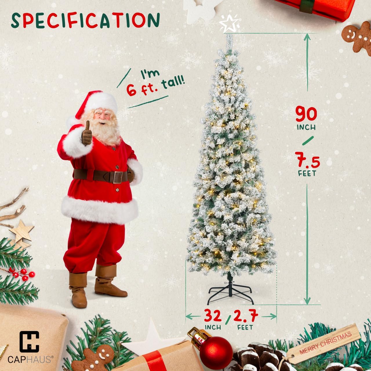 CAPHAUS Árbol de Navidad artificial preiluminado de 7.5 pies con 980 puntas de ramas prearticuladas y soporte plegable, árbol de Navidad delgado