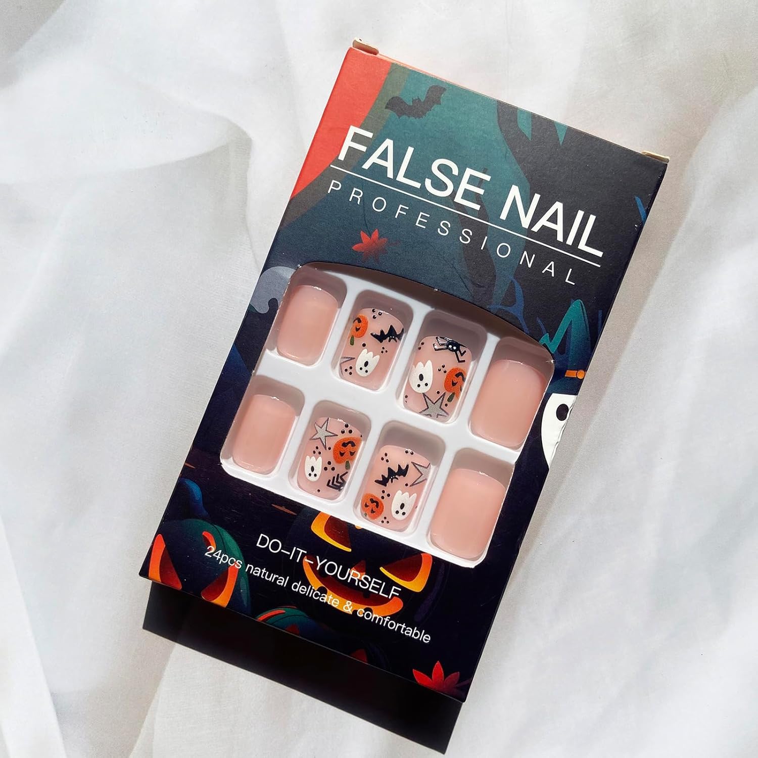 Uñas postizas de Halloween, uñas cortas a presión, uñas postizas cuadradas, fantasma, calabaza, araña, uñas acrílicas, uñas adhesivas brillantes de