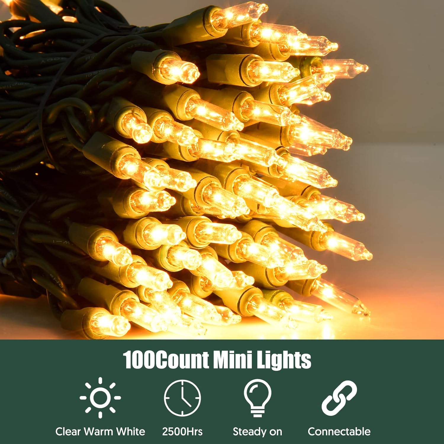 Luces de Navidad de color blanco transparente, 100 unidades, luces incandescentes, con certificación UL, conectables, luces para árbol de Navidad
