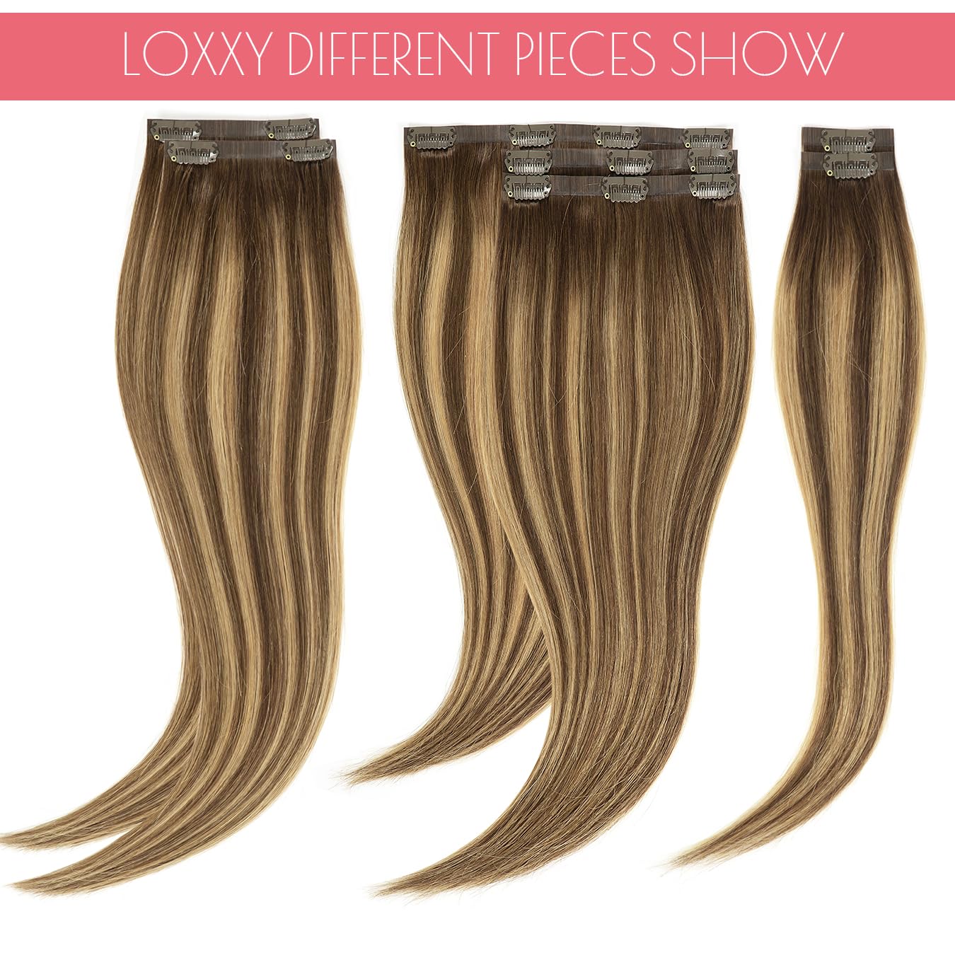 Loxxy – Extensiones de cabello humano Remy, sin costuras, con clip, color marrón chocolate mezclado con rubio caramelo, trama invisible de