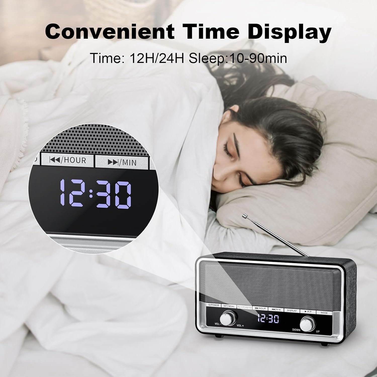 Radio AM FM enchufable de pared, radio con Bluetooth para el hogar, mejor radio reloj de recepción con pantalla LCD, reposo40 preajustes retro