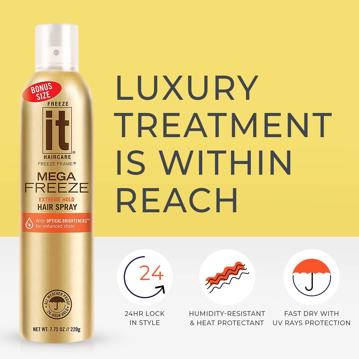 IT Haircare MEGA Freeze Extreme Hold Spray para el cabello  7.75 onzas  Vitamina B5 y proteína de trigo hidrolizada  Resistente a la humedad