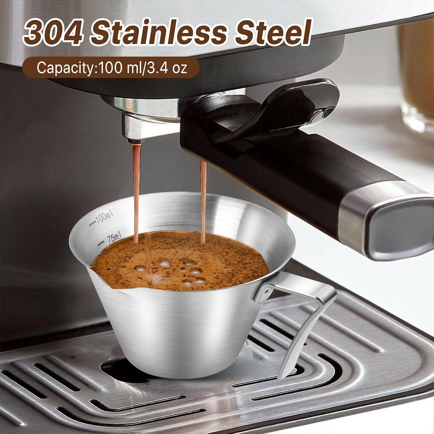 Aemygo Paquete de 4 tazas de café expreso con asa, tazas medidoras de café expreso, aptas para lavavajillas, taza de vertido de acero inoxidable