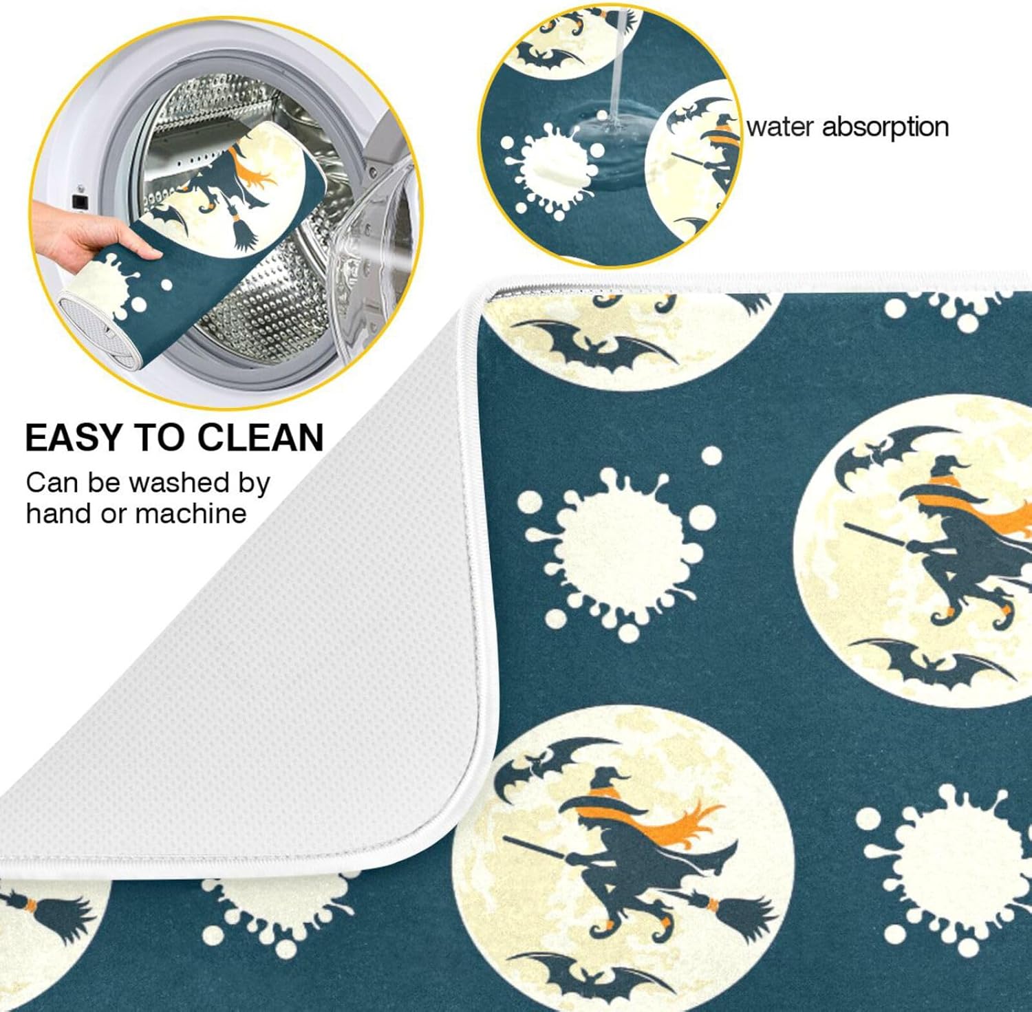 Halloween Full Moon Witch Dish Mat Washnable Absorbent Kitchen Counter Gadgets Dishwasher Drying Matt Tapete Para Cocina 16” x 18”