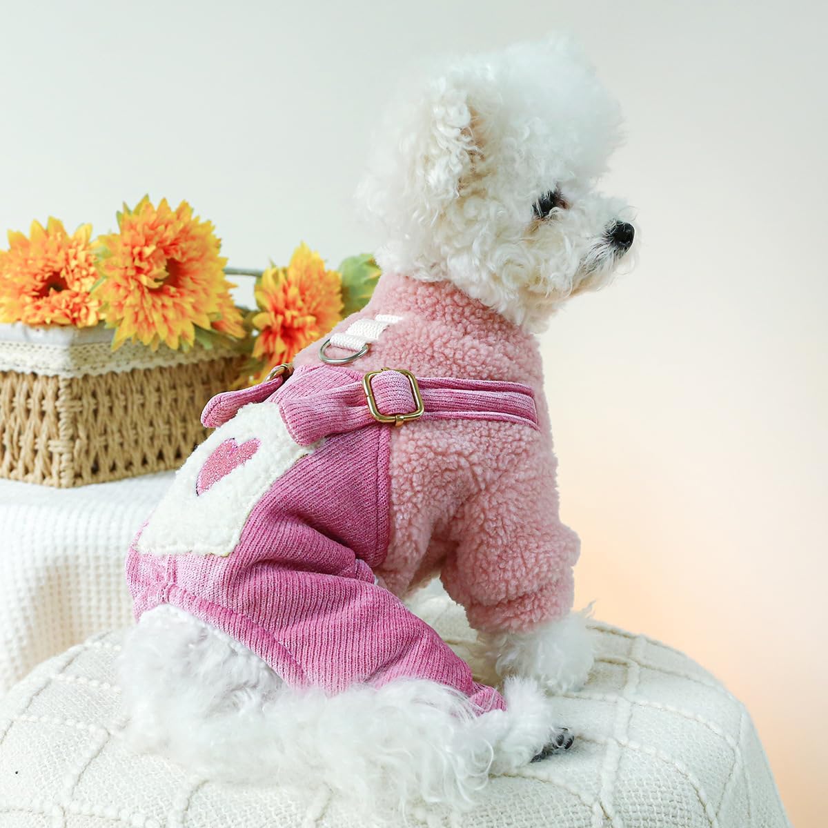 Ropa para cachorros, pijamas para perro, trajes de invierno, abrigo para perros pequeños, overol de forro polar con patrón de corazón, pantalones de