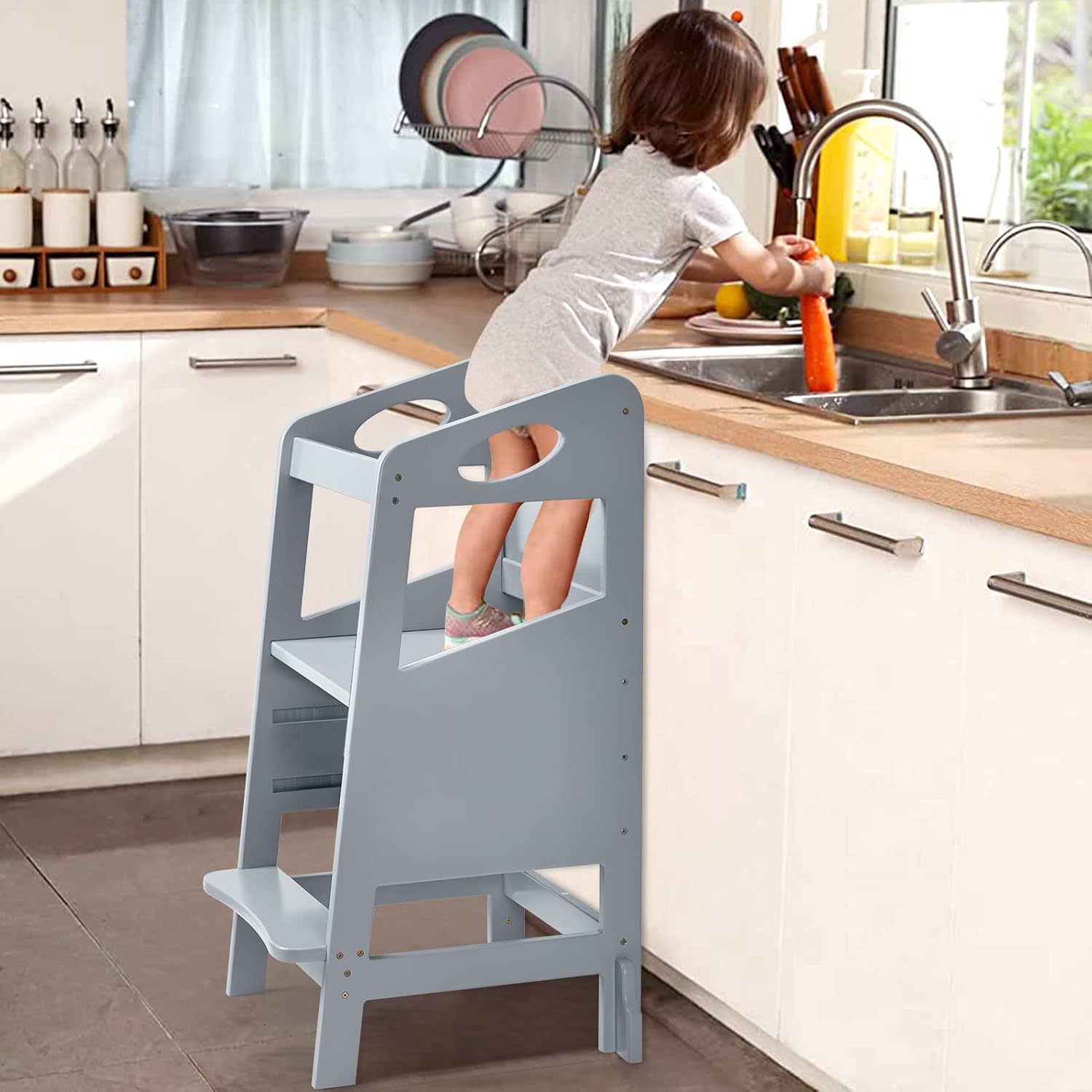 RONIPIC – Taburete de cocina para niños pequeños, torre de pie con riel de seguridad, taburete de cocina de madera para niños, torre ajustable de 3