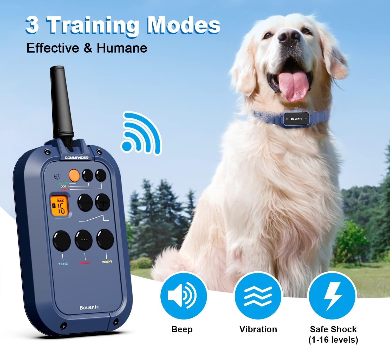 Bousnic Collar de choque para perro con control remoto, collar de entrenamiento electrónico de  milla para perros medianos y grandes, collar E