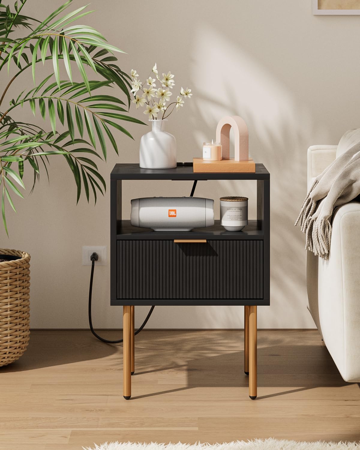 Mesita de noche con estación de carga, cómoda con cajón para dormitorio, mesa auxiliar pequeña con cajón, mesita de noche, mesa auxiliar con marco