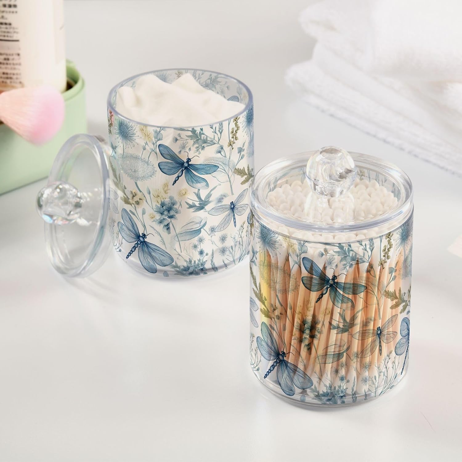 Paquete de 4 dispensadores Qtip con tapas, contenedores de almacenamiento de plástico con libélulas florales azules, organizador de recipientes de