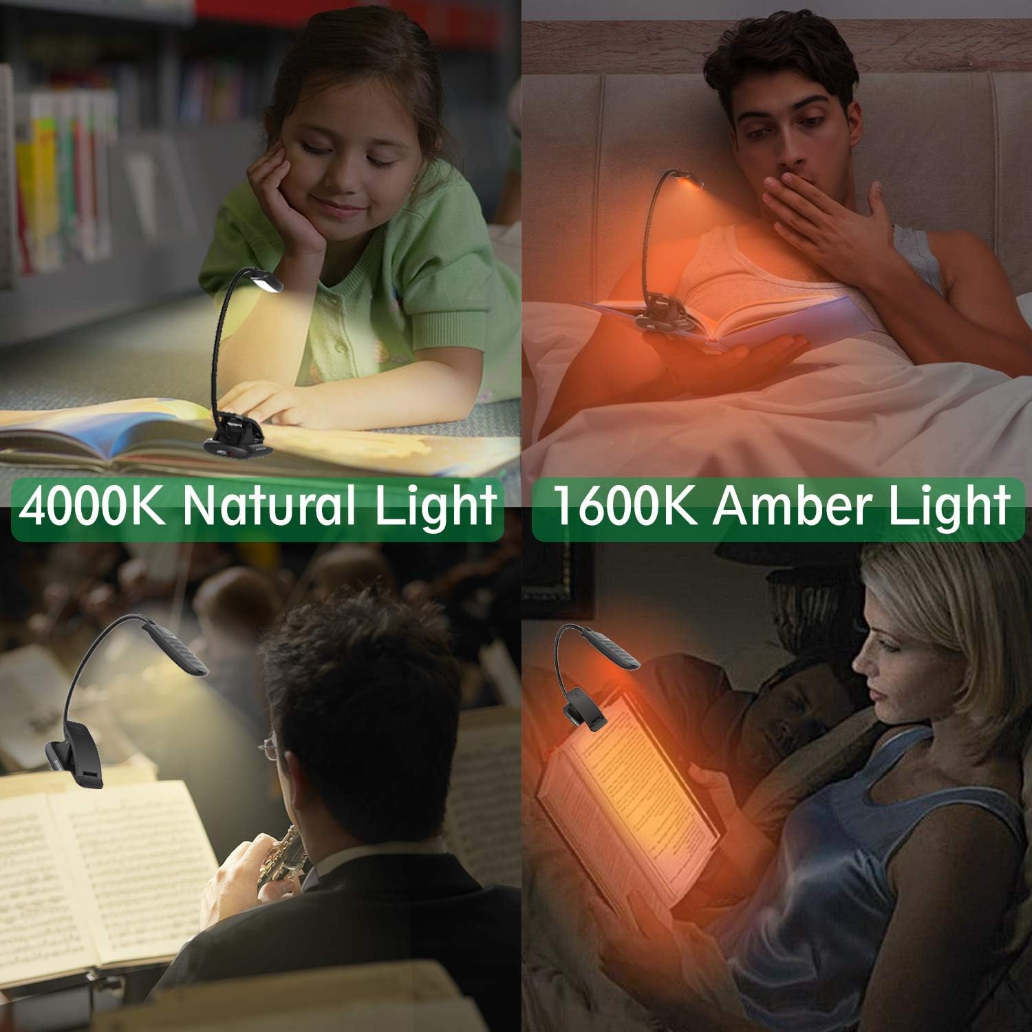 BIGMONAT – Luz de lectura para libro, luz de noche recargable, color ámbar recargable, cuello plegable portátil, USB o funciona con pilas, luz de