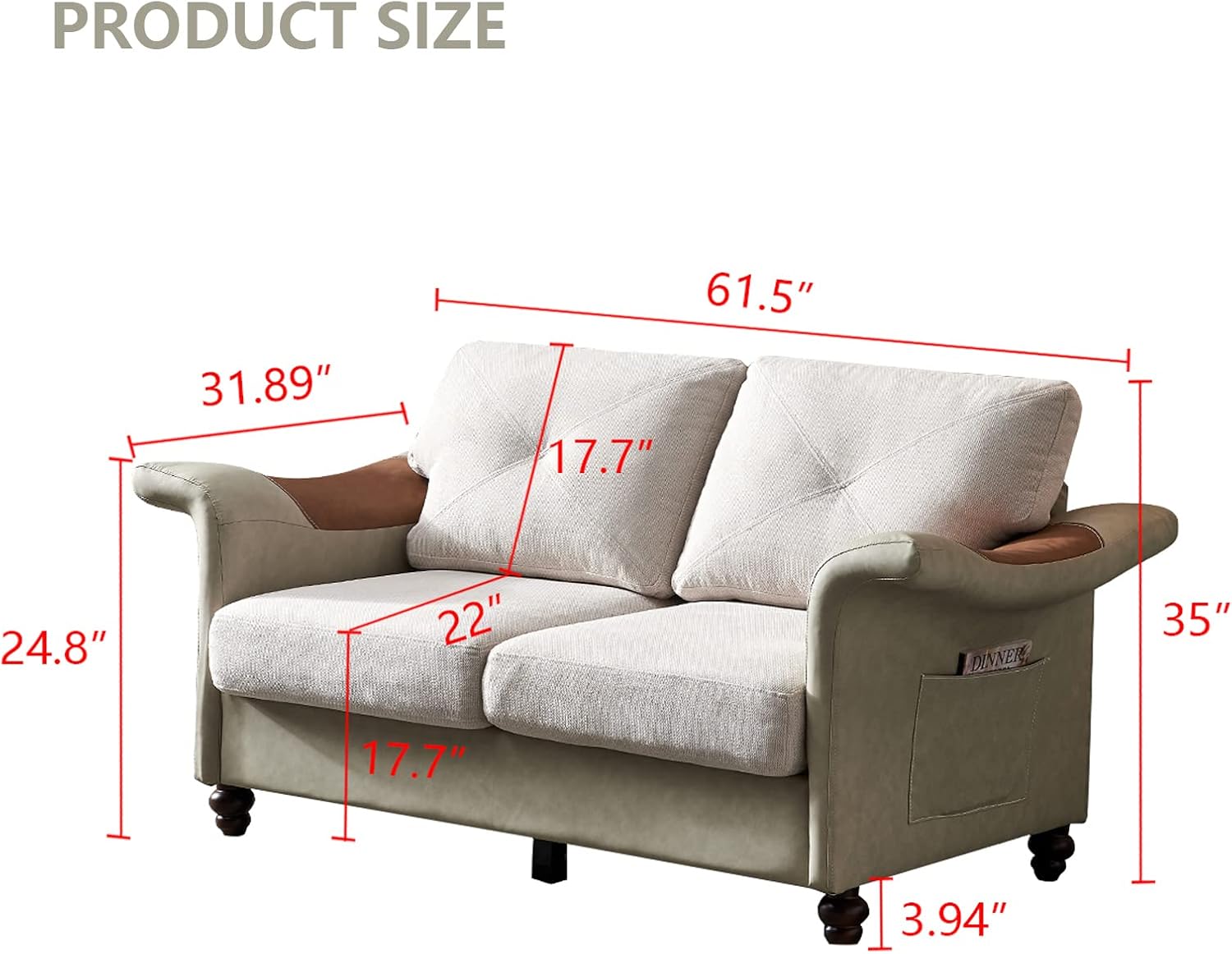 Harper & Bright Designs Sofá de 2 plazas con tela de lino, piel sintética, patas de madera maciza, sofá tapizado para 2 personas para sala de estar,
