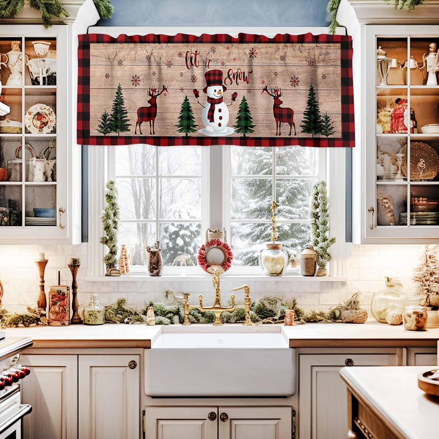 Cenefa de cortina de cocina con diseño de muñeco de nieve de Navidad, cenefa de ventana con bolsillo para barra, 1 panel de cenefas para sala de