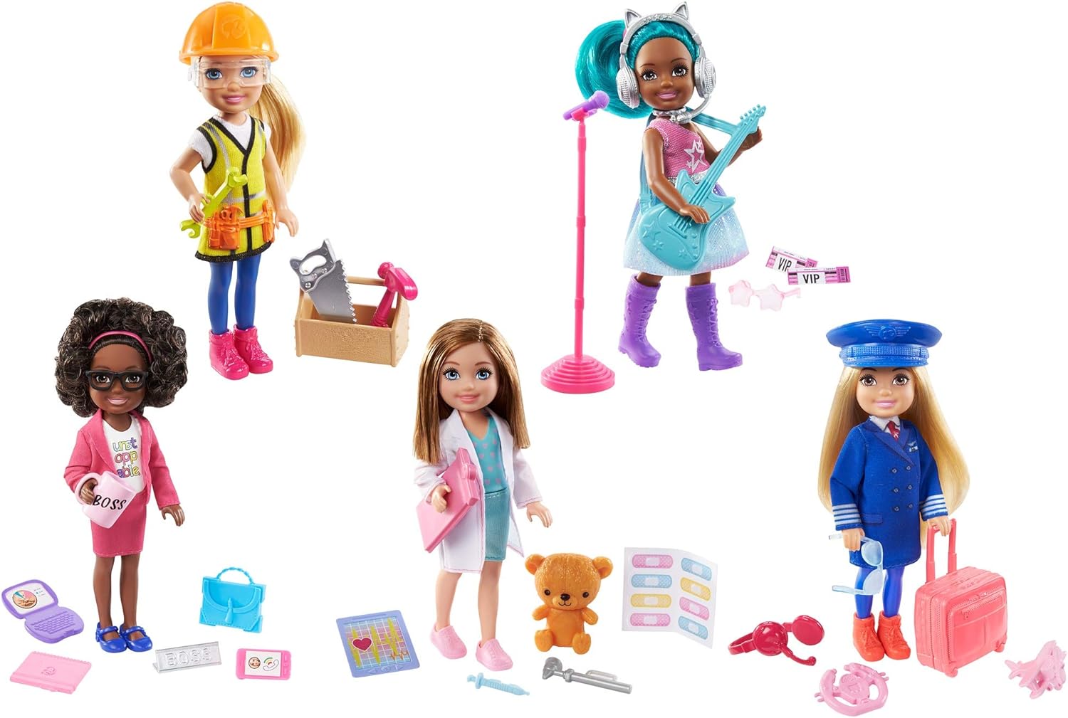 Barbie Chelsea Can Be Playset con muñeca Chelsea Rockstar Brunette (6 pulgadas), guitarra, micrófono, auriculares, 2 entradas VIP, gafas en forma de