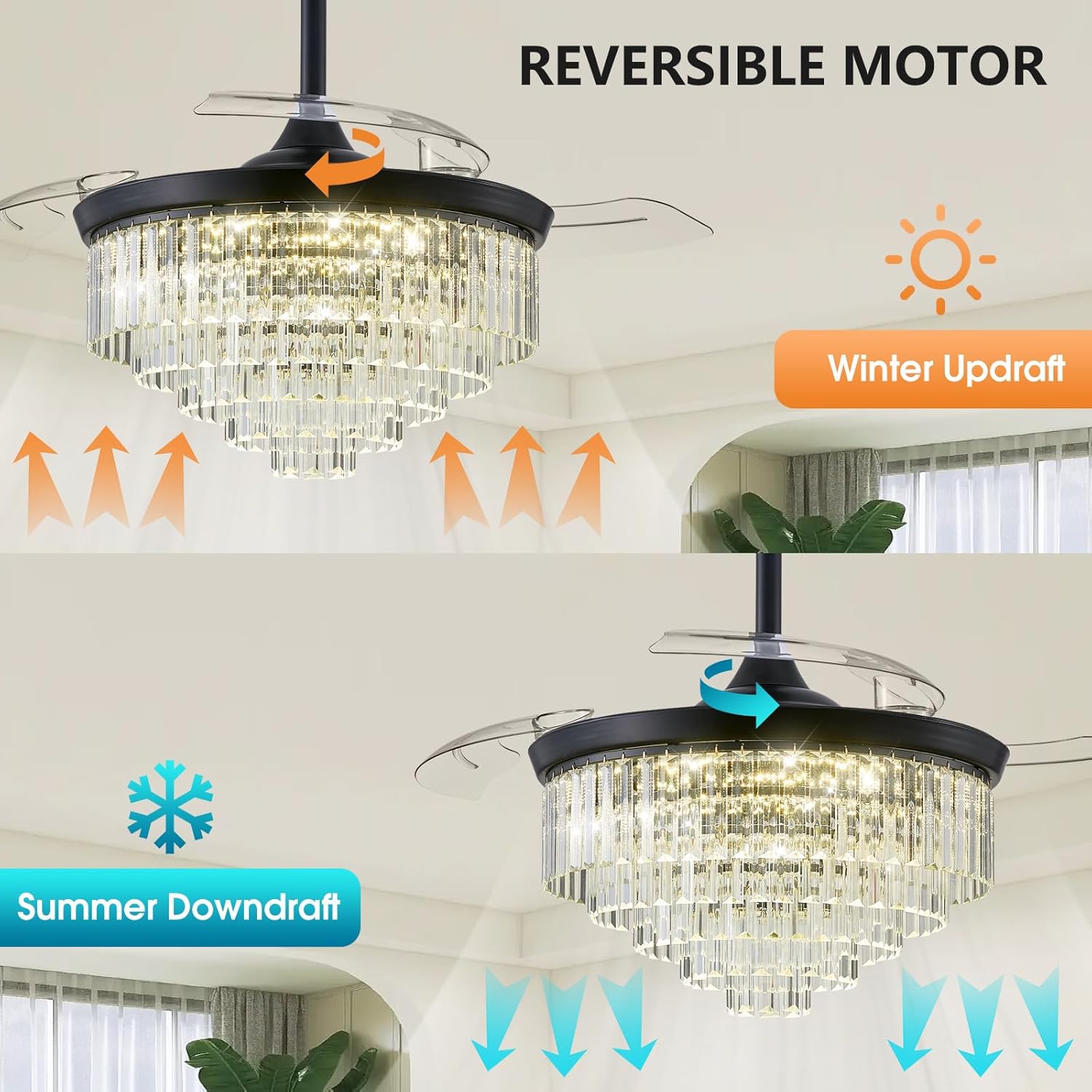 XINSHUO Ventiladores de techo con luces de control remoto 42 pulgadas, luz de ventilador de cristal regulable con 3 cuchillas retráctiles 3