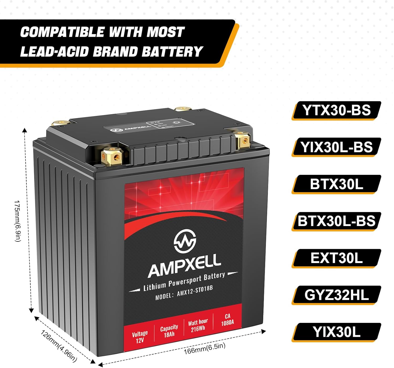 YTX30L-BS – Batería de litio para motocicleta de 12 V, 1080 A, 18 Ah, repuesto Yuasa YIX30L Powersport, motocicleta, ATV, UTV, scooter, 4 ruedas y