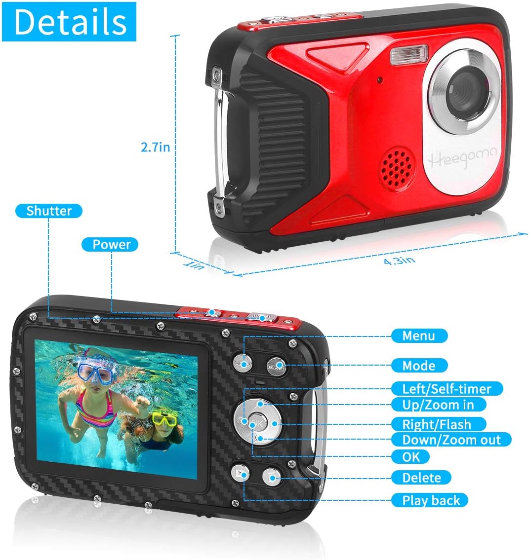 Cámara digital impermeable, cámara subacuática de 17 pies, LCD de 2.8 pulgadas, HD1080P 30MP videocámara para niños con tarjeta de 32G y batería
