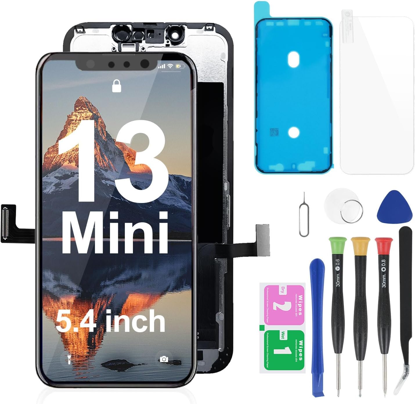 Retina de repuesto para iPhone 13 Mini pantalla táctil 3D de 5.4 pulgadas, pantalla LCD digitalizador con kits de herramientas de reparación, cinta