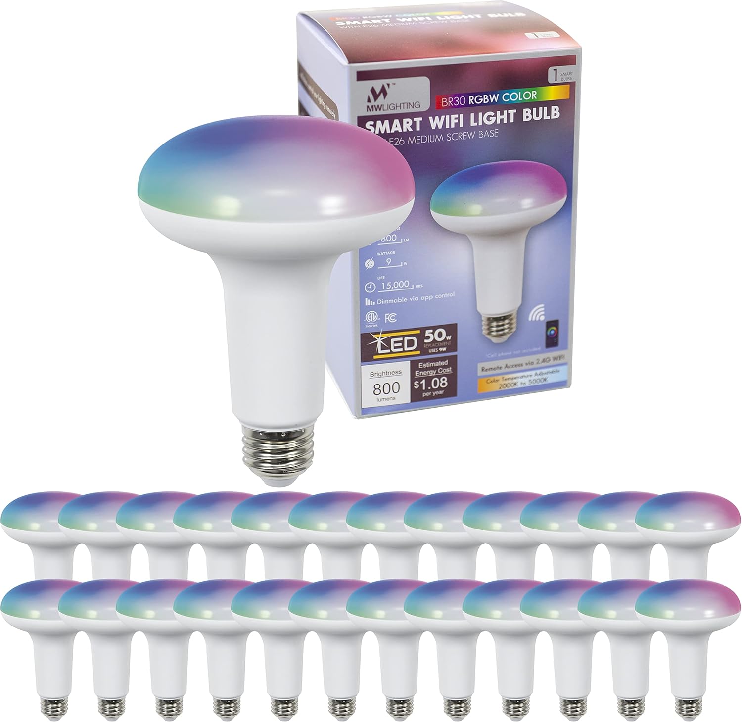 mw Lighting BR30 – Bombilla inteligente funciona con Wi-Fi RGBW que cambia de color, bombillas LED compatibles con Alexa y Google Home Assistant,