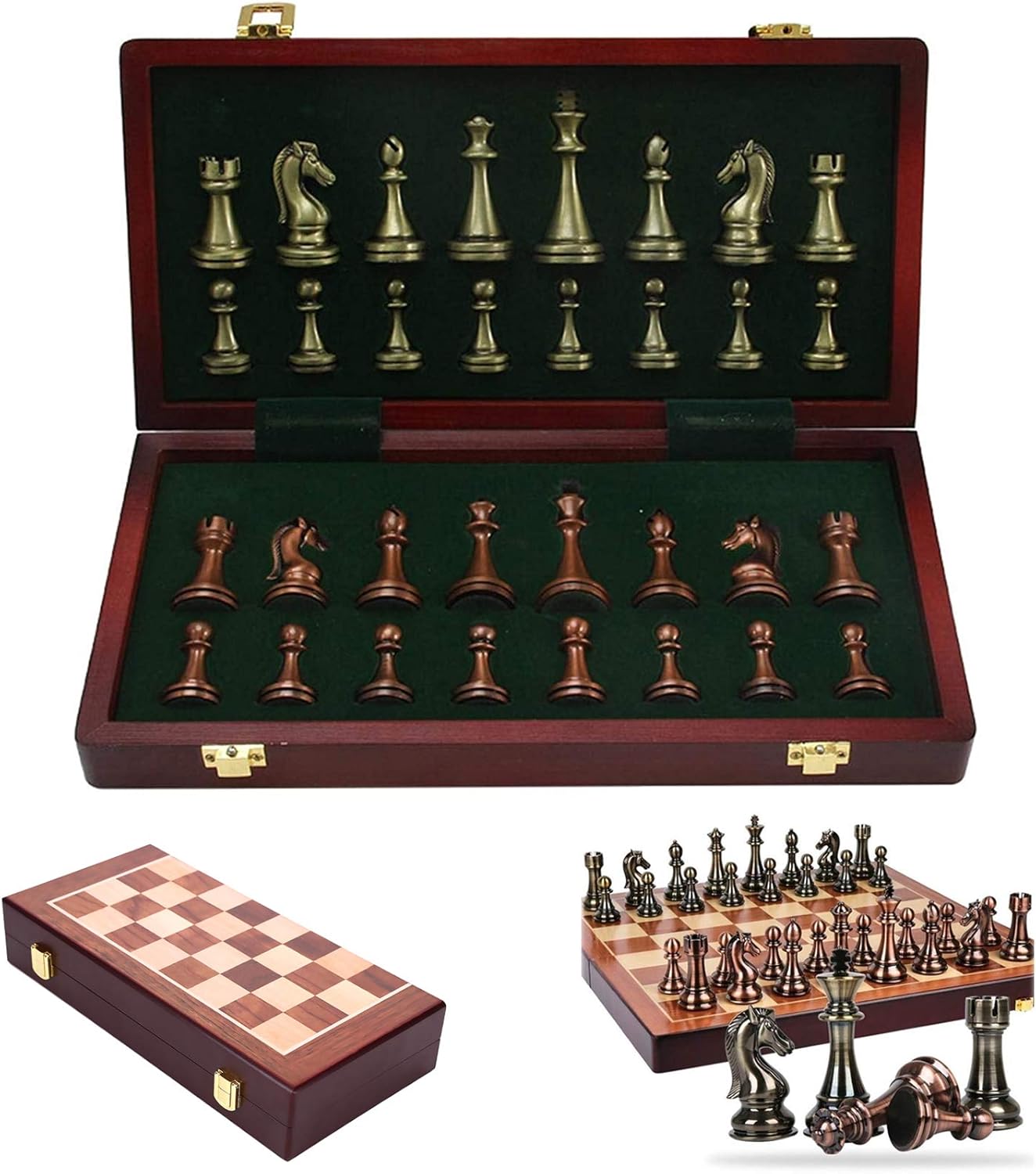 Juego de ajedrez de calidad hecho a mano grande de metal de lujo, juego de ajedrez retro chapado en cobre de aleación con caja de madera portátil,