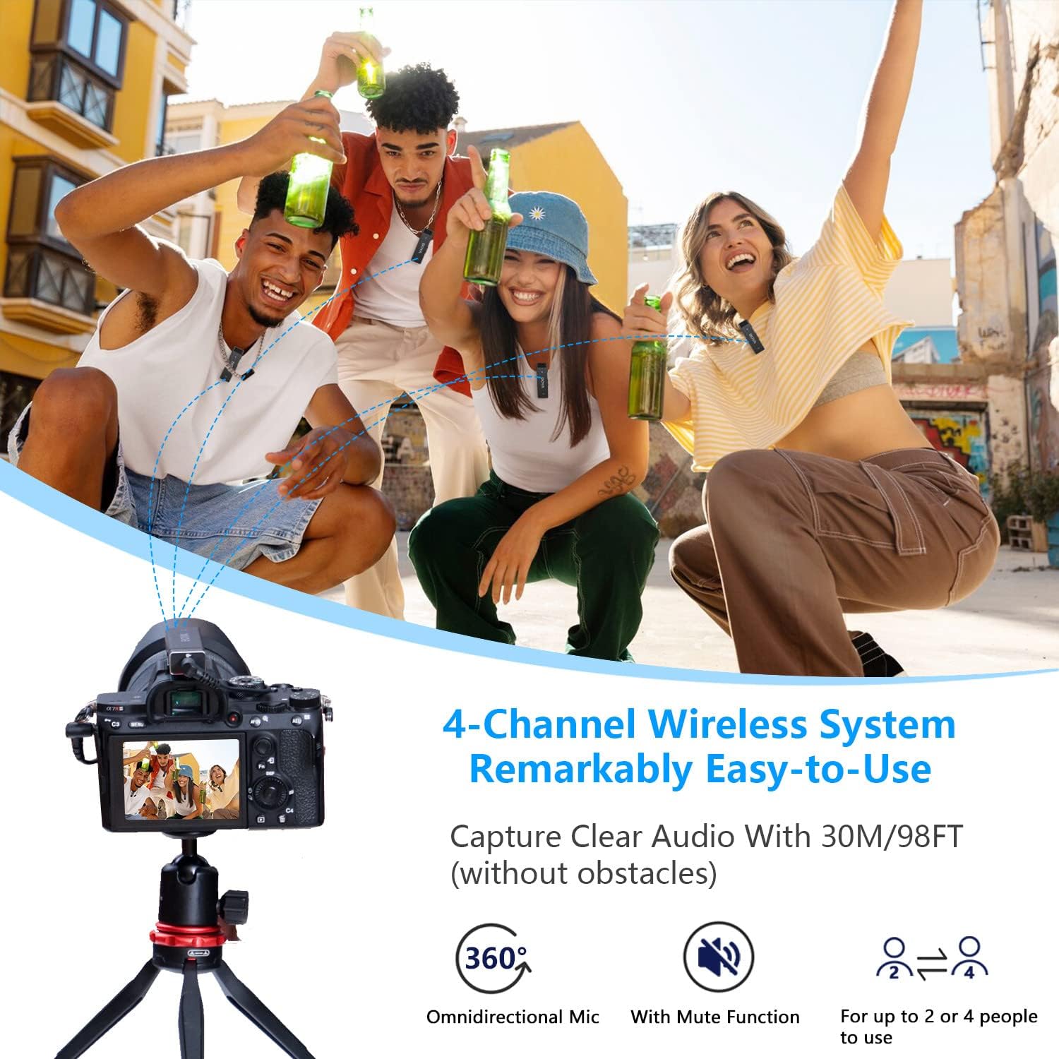 BOYA by-W4 – Micrófonos Lavalier inalámbricos para cámaras, videocámara, computadora DSLR, duración de la batería de 7 horas, transmisión de 98