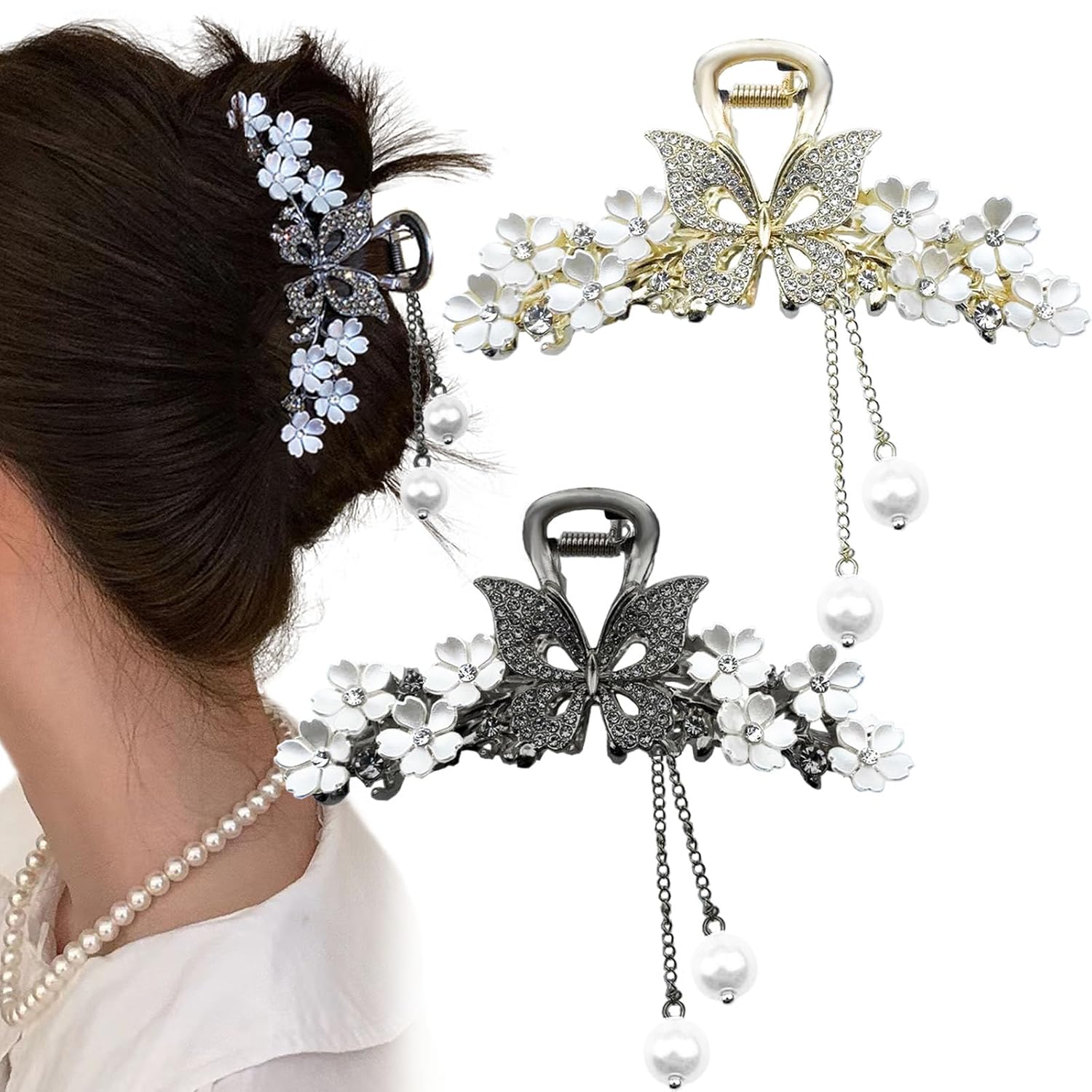 2 pinzas grandes de metal para el cabello, con diseño de mariposa y flores, borlas de flores, pinzas gruesas y largas para el cabello, pasadores,