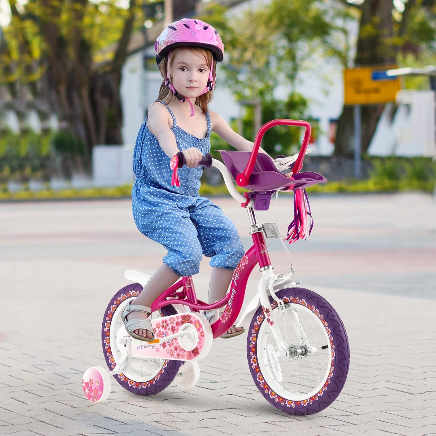 BABY JOY Bicicleta para niños, bicicleta de 14, 16 y 18 pulgadas, con ruedas de entrenamiento extraíbles, asiento ajustable, marco de acero y freno,
