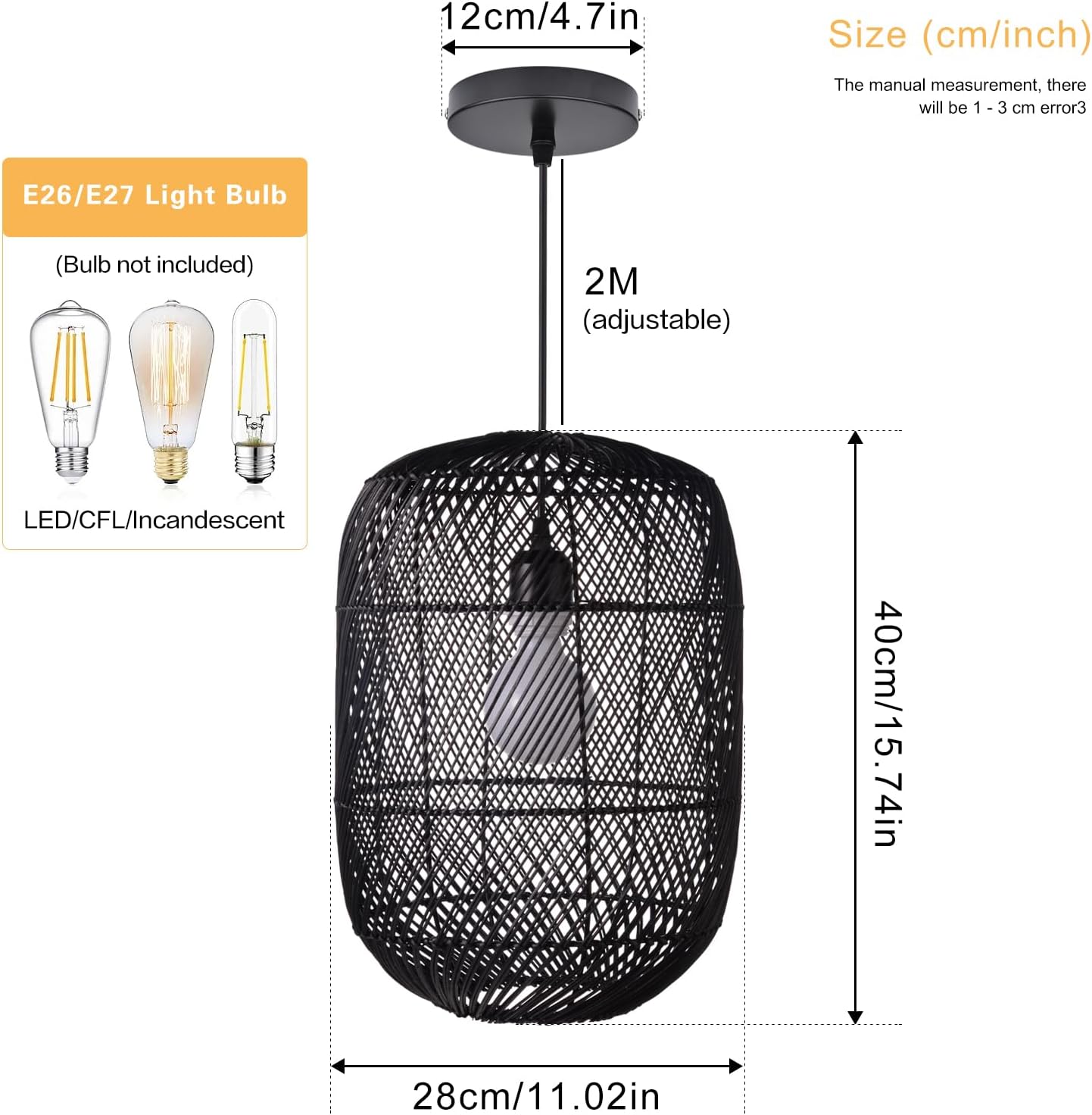 Arturesthome Lámpara colgante de ratán negro, lámpara de techo estilo bohemio natural, lámpara colgante de mimbre retro para isla de cocina