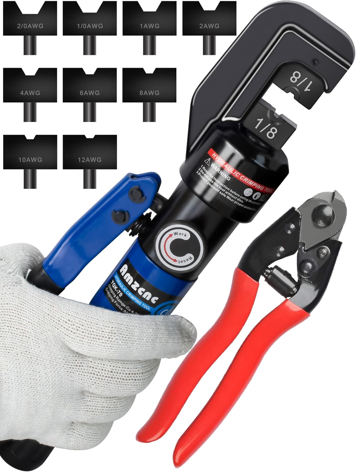 AMZCNC Herramienta de prensado hidráulico de 10 toneladas con 9 troqueles estándar de EE. UU. para 12 AWG a 20 AWG, herramienta hidráulica para