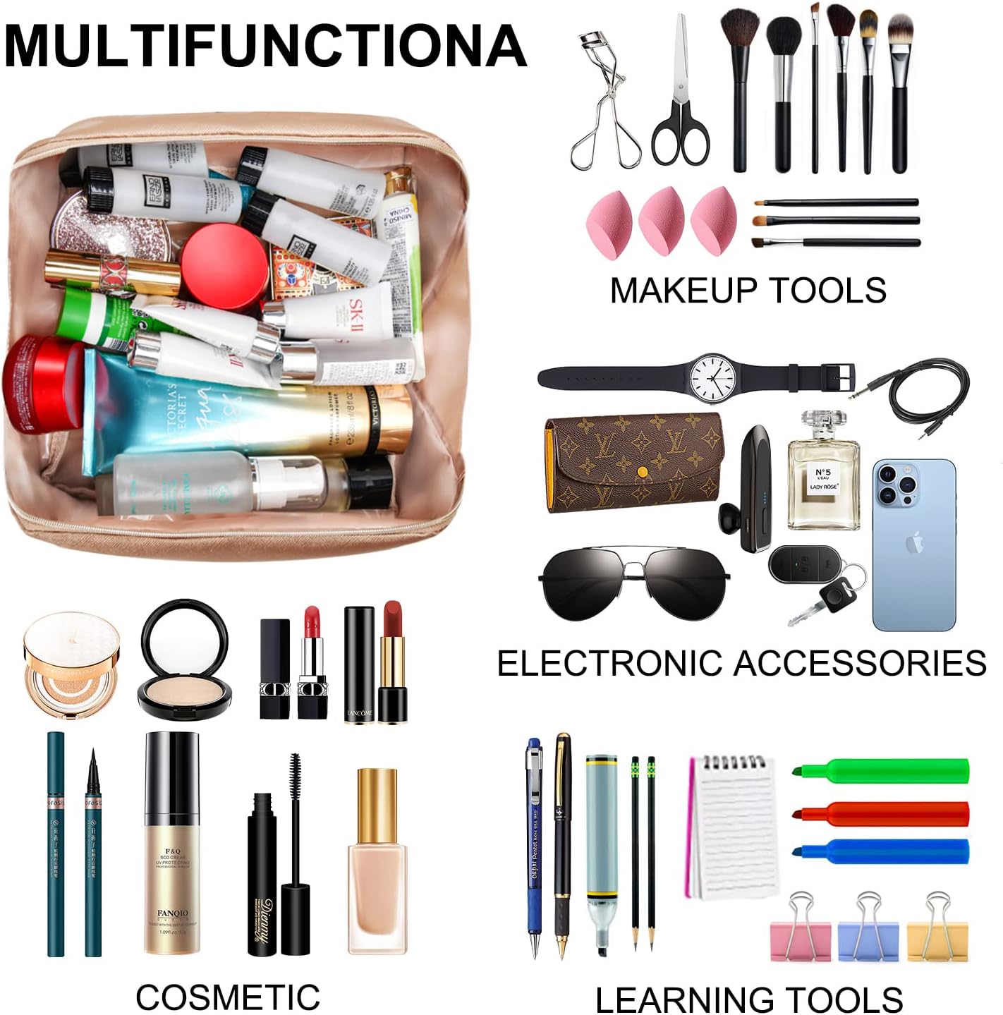 Bolsa de maquillaje portátil que se abre plana para un fácil acceso, bolsa de cosméticos impermeable, bolsa de aseo personal, accesorios de viaje