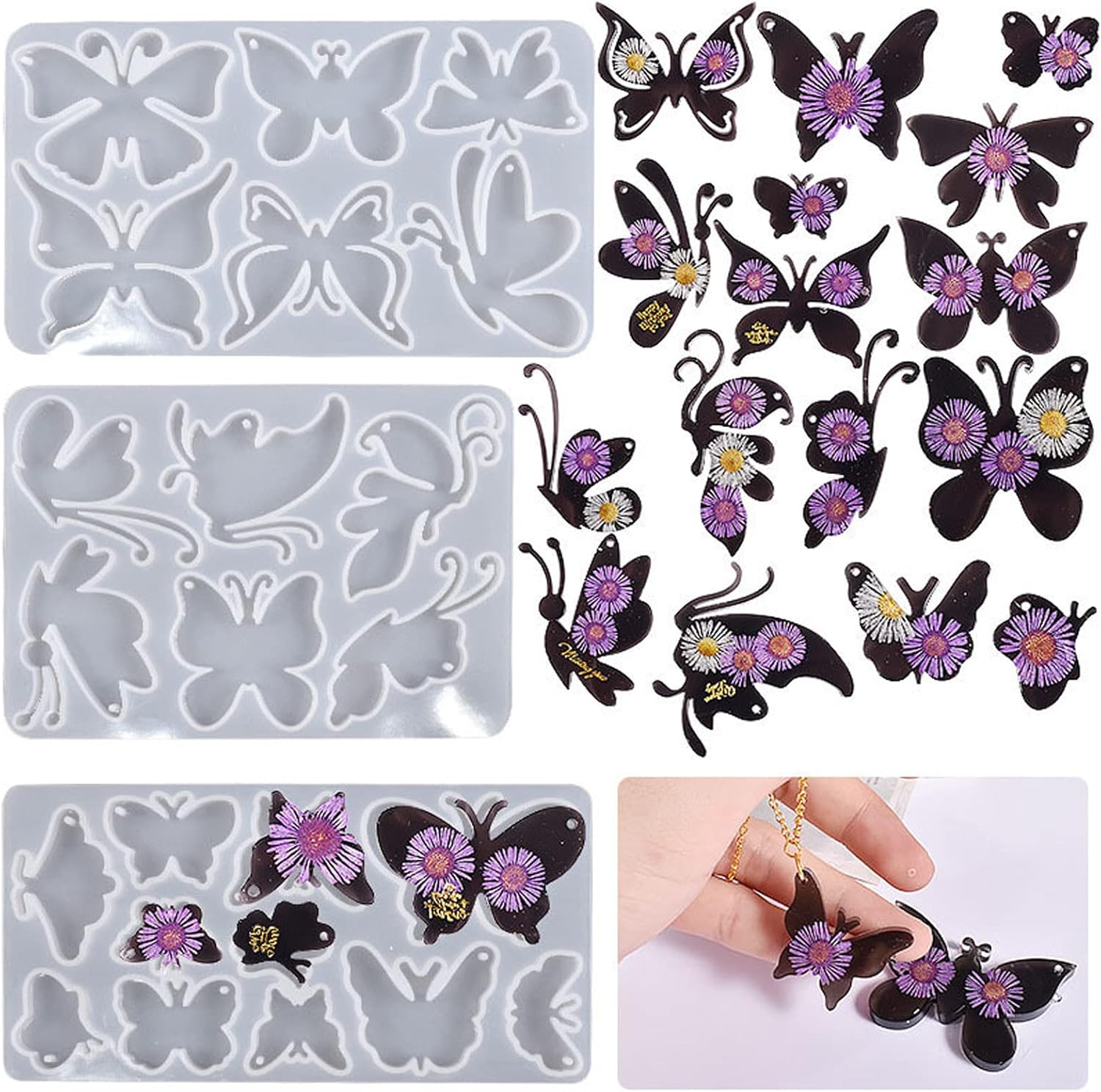 3 moldes de silicona de resina de mariposa, herramientas de fabricación de joyas, moldes de fundición para manualidades, broche, horquilla, llavero,