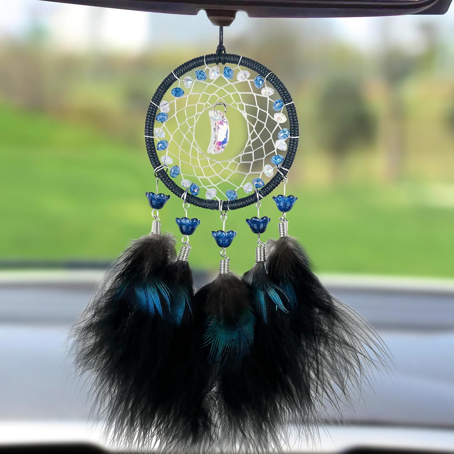 Decoraciones de plumas de pavo real, atrapasueños para colgar en el automóvil, accesorios para espejo retrovisor hecho a mano, pequeño atrapasueños