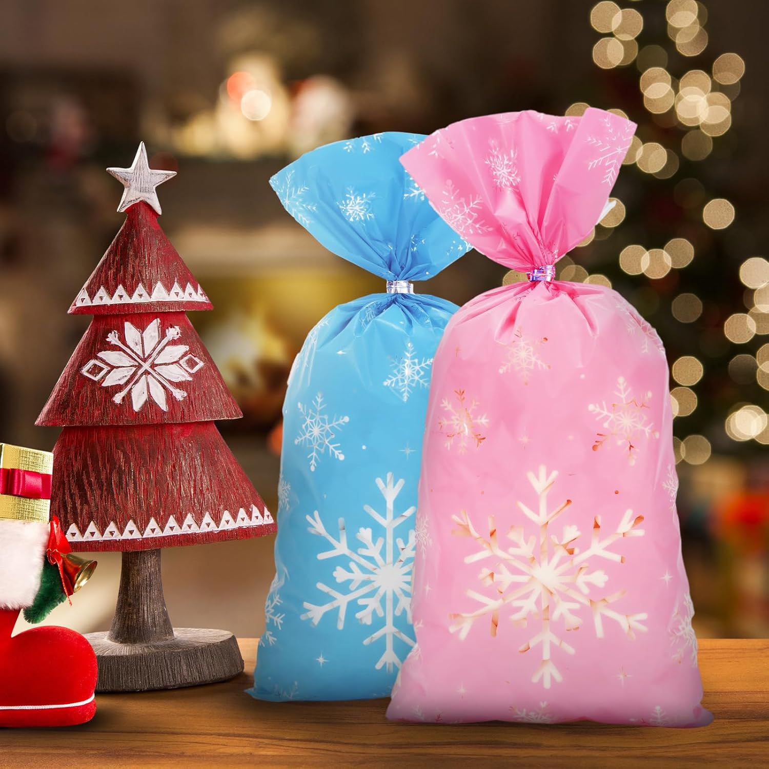 Whaline 150 bolsas de celofán de Navidad, color rosa, azul, morado, copo de nieve, caramelos, galletas, bolsas de plástico con lazos giratorios