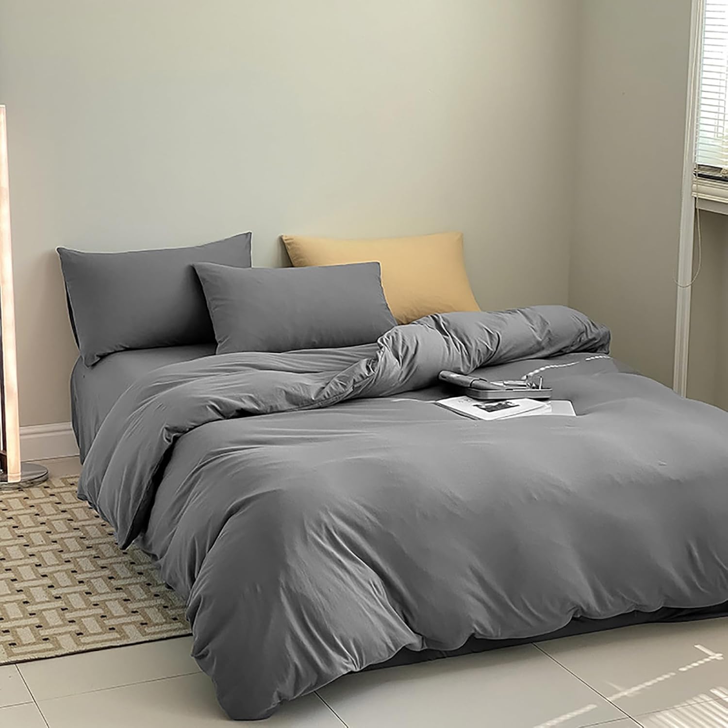 Cottonight – Juego de edredón 3 piezas, unicolor, moderno, suave, transpirable, individual, gris oscuro