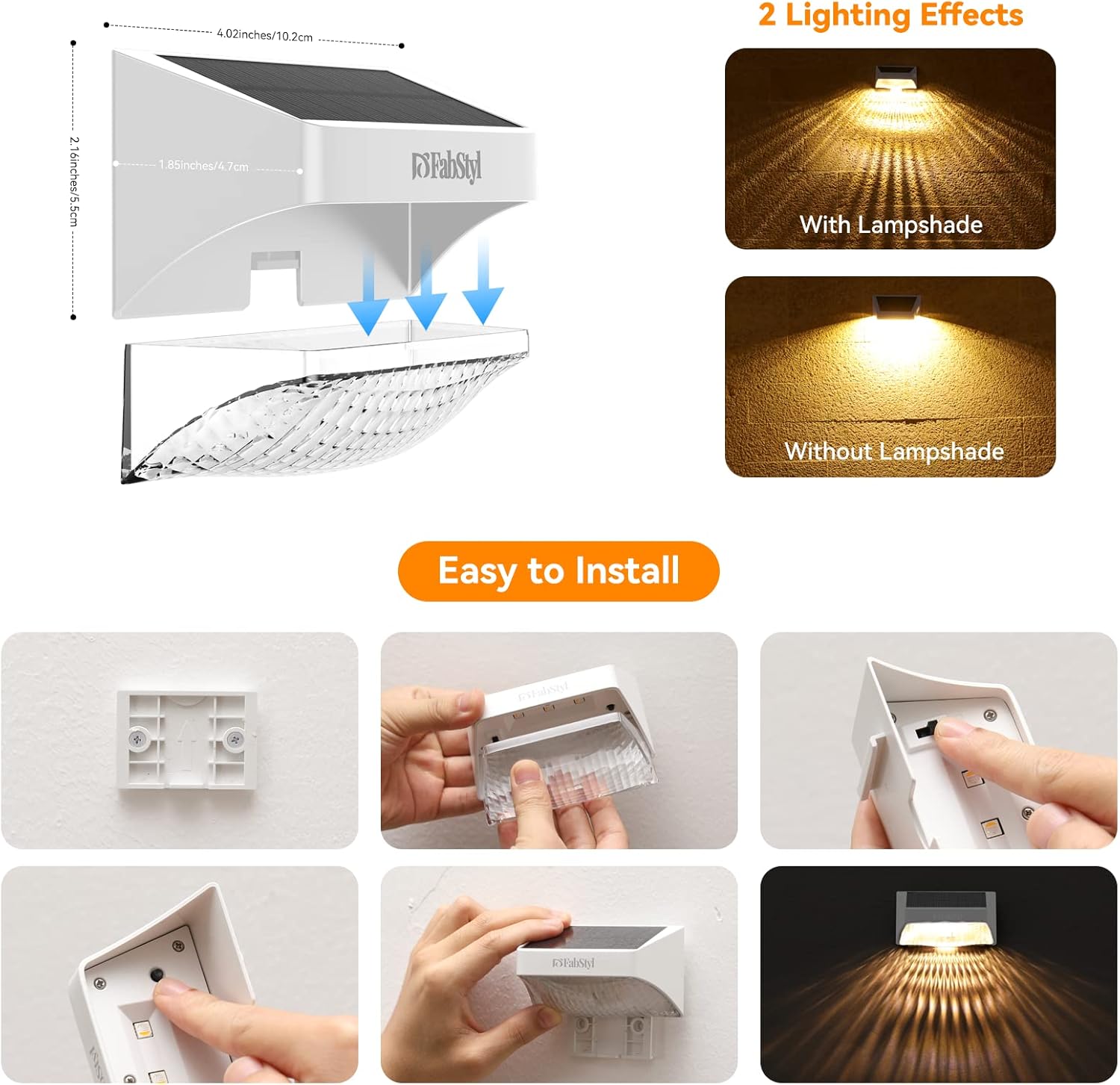 Luces solares para valla, RGB de 10 modos de trabajo, luces solares para exteriores, impermeables, luces solares LED de pared para escaleras,
