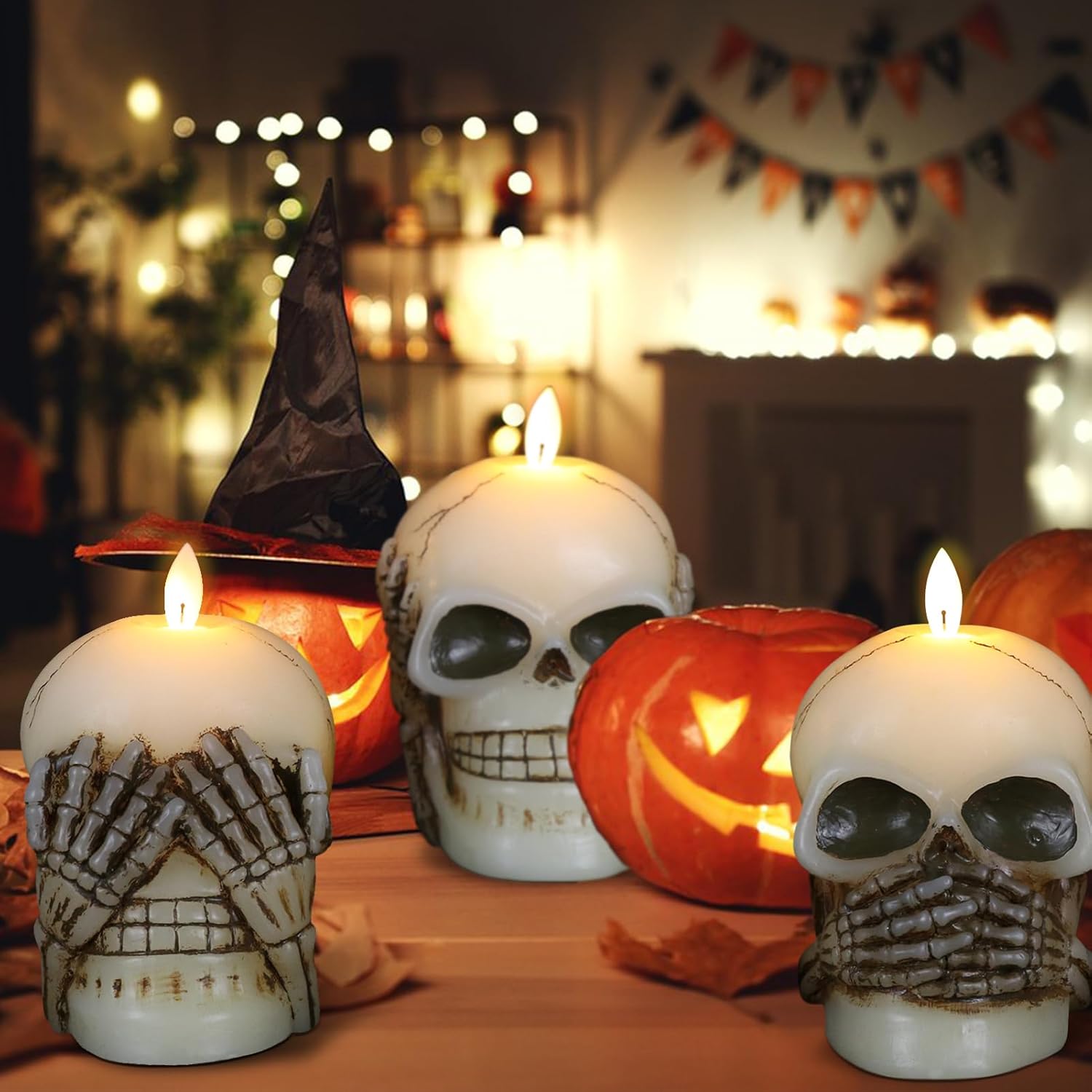 Wondise Velas parpadeantes sin llama de Halloween con control remoto y temporizador, juego de 3 velas LED de cera real que funcionan con pilas con