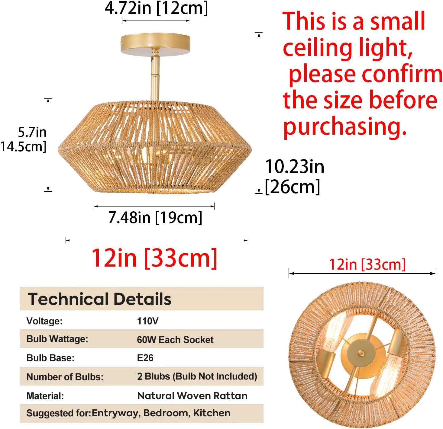 Lámpara de techo de ratán tejida con 2 luces, color beige, estilo casa de campo, semiempotrada, para dormitorio, pasillo, guardería, entrada